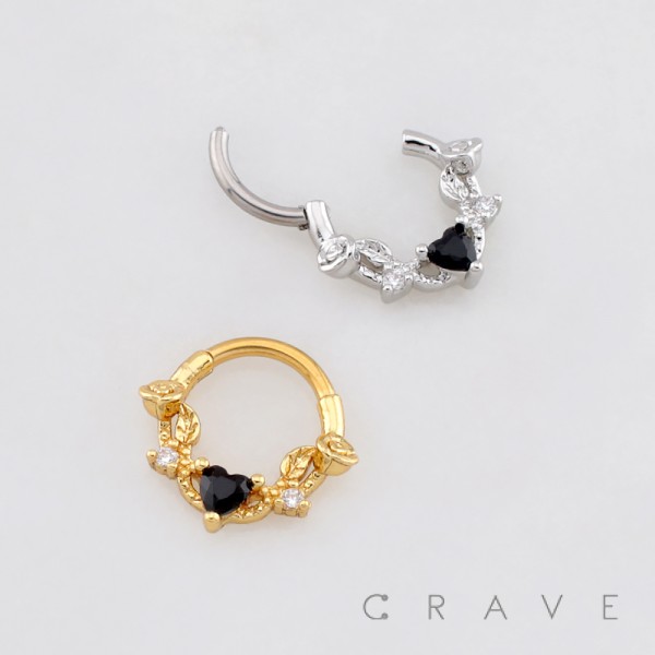 BLACK ONYX CUBIC ZIRCONIA GOTHIC ROSE VINE HINGED SEGMENT CLICKER RING 316L SURGICAL STEEL BLACK ONYX CUBIC ZIRCONIA GOTHIC ROSE VINE HINGED SEGMENT CLICKER RING 316L SURGICAL STEEL